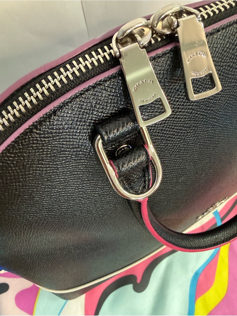 Coach Black Leather Satchel with Pink Trim - Dome Satchel - Picture 10 of 15
